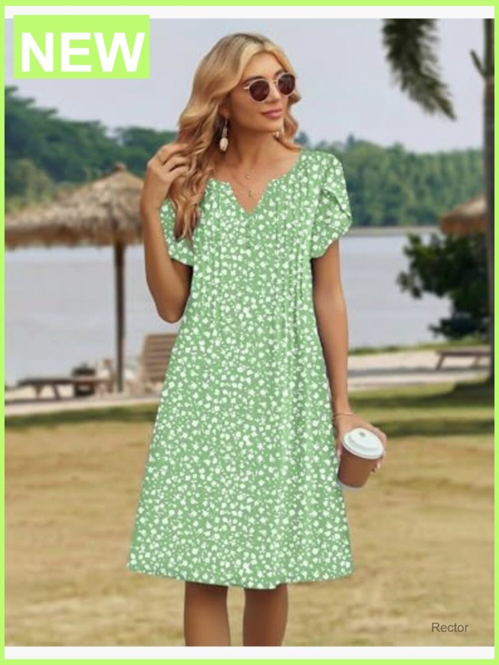 Casual Floral V-Neck A-Line T-Shirt Dress with Pockets Short Sleeve Mini - Picture 5 of 6